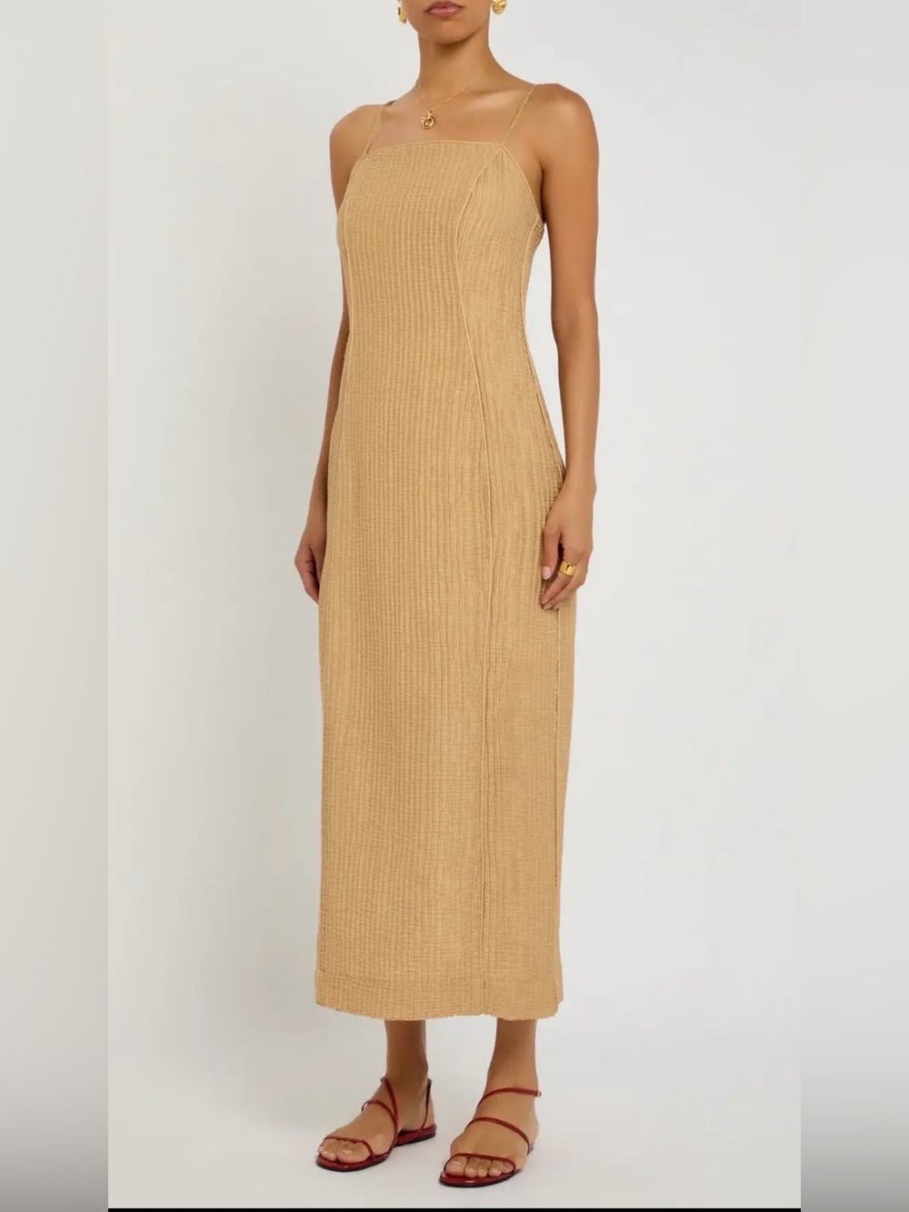 By Marlene Birger Lucille Spaghetti Strap Crinkled Light Camel Dress Sz EU 34